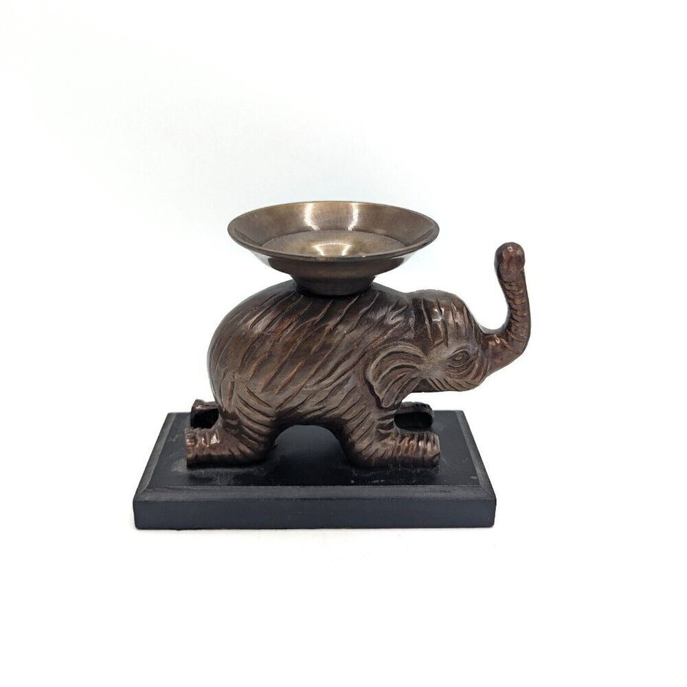 Vintage Lacquered Solid Brass Elephant Votive Candle Holder 6" India Heavy Boho